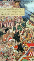 Escena de las operaciones mineras en el sitio de Chittorgarh, del "Akbarnama", mogol, c.1590 (grabado)