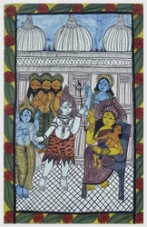 Los dioses vienen a admirar a Krishna, encarnado en el cuerpo de un hermoso niño, Ganesha (Ganesh o Ganapati) sentado en las rodillas de su madre Parvati. Pat: rollo pintado de la región de Bengala, que sirve como medio narrativo para los cantantes Baoul (