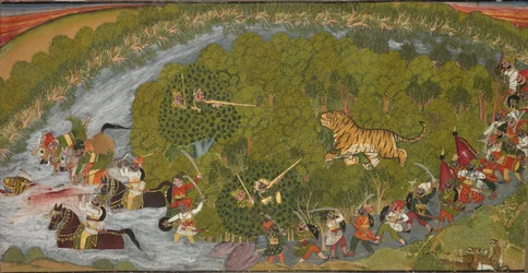 Caza del tigre, c.1800 (tinta y color sobre papel)