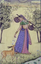 Pintura en miniatura de mujer con Rudra Veena y guirnalda de flores, India