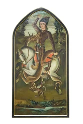Un príncipe luchando con un dragón, Mohammad Sadegh (óleo sobre lienzo)
