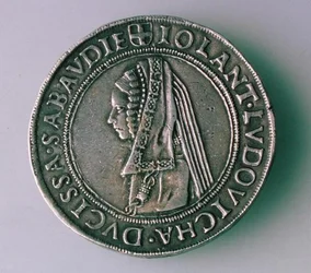 Moneda de 4-Teston (reverso) de Philibert II de Saboya (1497-1504) que representa a su esposa, Iolanta Ludovica