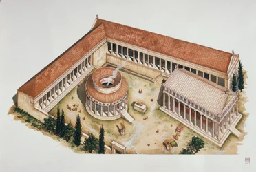 Tholos ceremonial circular y templo de Asclepio, Epidauro, siglo IV a.C.