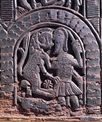 (detalle) de una caza de leones de un cofre medieval