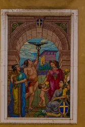 Mosaico en la fachada del edificio en Corso Emanuele II, junto a Banca Agricola Mantovana, Mantua (Lista del Patrimonio Mundial de la UNESCO, 2008), Lombardía, Italia