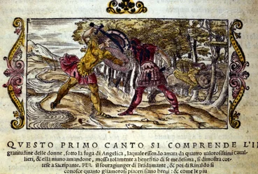 Representación de la lucha entre Ferragus y Renaud, ambos enamorados de la bella Angélica. Escena del poema caballeresco “Orlando Furioso” de Ludovico Ariosto