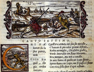 El gigante Eryphila montado en un lobo lucha contra Roger - Escena del poema caballeresco 