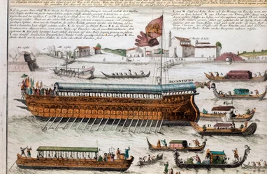 Vista de la laguna de Venecia y el Bucentauro. El Día de la Ascensión, el Dogo cruzaba la laguna de Venecia para llegar a la boca del mar abierto a bordo de un barco llamado el Bucentauro. Grabado. Venecia, Museo Correr