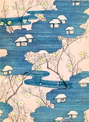 Patrón para un diseño de kimono: Cabañas con ríos y cerezos en flor, c.1900 (xilografía en color)