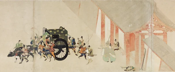 Cuento ilustrado de la Guerra Civil, La visita imperial a Rokuhara (Cuento ilustrado de la Guerra Civil, La visita imperial a Rokuhara) - Obra anónima, acuarela y tinta sobre papel, segundo rollo