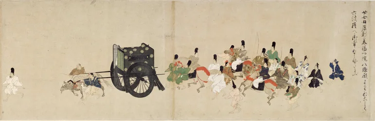 Cuento ilustrado de la Guerra Civil, La visita imperial a Rokuhara (Cuento ilustrado de la Guerra Civil, La visita imperial a Rokuhara) - Obra anónima, acuarela y tinta sobre papel, quinto rollo