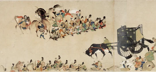 Cuento ilustrado de la Guerra Civil, La visita imperial a Rokuhara (Cuento ilustrado de la Guerra Civil, La visita imperial a Rokuhara) - Obra anónima, acuarela y tinta sobre papel, cuarto pergamino
