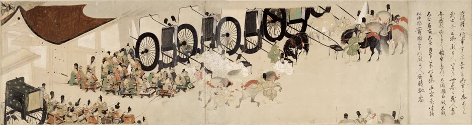 Cuento ilustrado de la Guerra Civil, La visita imperial a Rokuhara (Cuento ilustrado de la Guerra Civil, La visita imperial a Rokuhara) - Obra anónima, acuarela y tinta sobre papel, sexto rollo