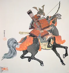 Samurái del antiguo Japón armado con arco y flechas