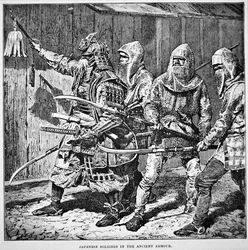Samurái del viejo Japón liderando soldados comunes con armaduras de malla y armas de asta