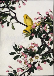 Serins en una rama de cerezo en flor - Impresión japonesa
