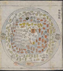 Un mapa mundi coreano, impreso y coloreado a mano, de un atlas de Corea con mapas preliminares del mundo, China, Japón y las islas Ryukyu