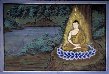 Meditación de Buda: Fresco en el Templo Yongju, Región de Suwon, Corea
