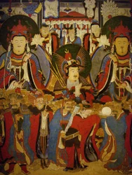 Buda y Bodhisattva acompañados por sus guardianes, pintura sobre rollo, periodo Joseon (1392-1896), Corea. Museo Nacional de Corea, Seúl, República de Corea