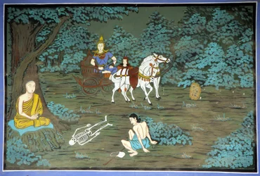 Buda en meditación y esqueleto. Fresco en el Templo Yongju, región de Suwon, Corea