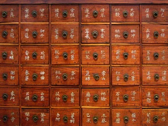 Detalle de un mueble médico de madera, período Joseon, Corea, Colección Kim Chong-hak. Fotografía, Museo Nacional de Corea, República de Corea, 2006.