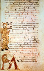San Mateo; letra M (cabeza del león de San Marcos). Página en el Sacramentario de Gellone, folio 42. Iluminado por David, c. 790, Francia, Meaux o Cambrai. BN, París