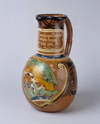 Arte popular: jarra de pulque (alcohol fermentado de agave) en terracota pintada y barnizada, de México. 1972 Museo de la Vallée, Barcelonnette (Alpes de Alta Provenza)