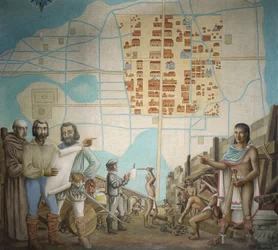 Tres hombres de pie en una construcción, Ciudad de México, México