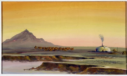 Manada de camellos y yurta, Mongolia - Acuarela mongola