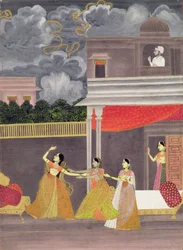 Una dama traída de una tormenta en la noche: ilustración del modo musical Madhu Madhavi, c.1760