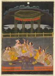 Un príncipe celebrando Holi con mujeres del palacio en una terraza por la noche; verso: caligrafía de un cuarteto