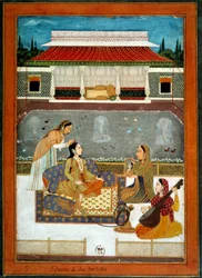 Una princesa india tiene su miniatura de tocador de la Escuela Mughal de 1740