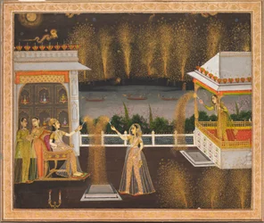 Damas celebrando Diwali, c.1760 (acuarela opaca y oro sobre papel)