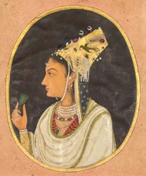 Retrato oval de una mujer con sombrero Chaghtai, c. 1740-50