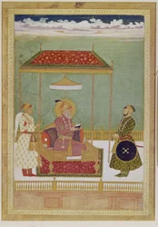 Retrato de Shah Aurangzeb con un hombre, posiblemente Ashraf Khan, principios del siglo XVIII