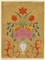 Jarrón con arreglo floral y volutas, c. 1750-1800 (acuarela opaca con oro sobre papel)