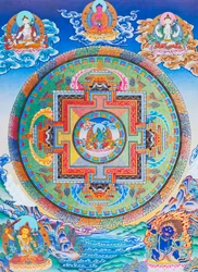 Mandala de Tara Verde que representa a la protectora maternal de todos los peligros en el océano de la existencia (gouache sobre tela)