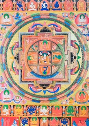 Panchabuddha Mandala, que representa cinco formas de Buda que simbolizan cinco tipos de sabiduría (gouache sobre tela)
