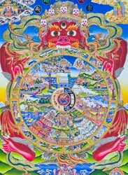 Mandala de la rueda de la vida, que representa el Kalachakra o existencia ilusoria sostenida en la boca de Yama, el dios de la muerte que representa el nacimiento, la muerte y el renacimiento (gouache sobre tela)