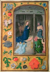 Añadir 35314 f.25v Natividad, de un Libro de Horas, Brujas, c.1510-20 (vitela)