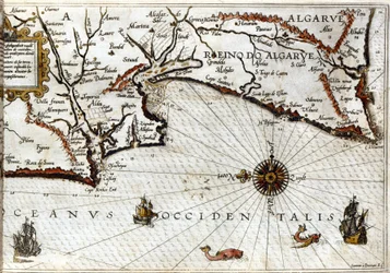 Cabo Sagres (o Cabo Sagrado) en el extremo de Portugal según el portulano de Luca J. Waghenaer Treesor de zeevaert impreso en Leiden en 1592