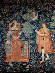 Cortina de la vida señorial: escena de amor cortés (detalle)