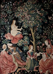 El telón de la Vida Señorial: Escenas Galantes Tapiz de lana y seda hecho alrededor de 1520 en los Países Bajos. Sol 2,6x3,7 m París, museo nacional de la Edad Media, Termas de Cluny