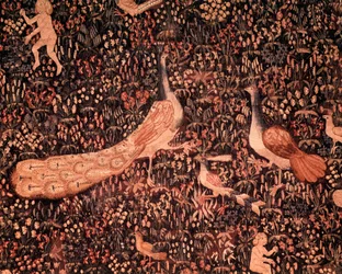 El cortinaje de la vida señorial: detalle que representa aves y un pavo real. Tapiz de lana y seda realizado hacia 1520 en los Países Bajos. 2,6 x 3,7 m, París, Museo Nacional de la Edad Media, Termas de Cluny