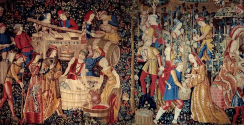 La cosecha. Tapiz de los Países Bajos, principios del siglo XVI. Dim: 2.46 x 4.95m. París, Museo de Cluny