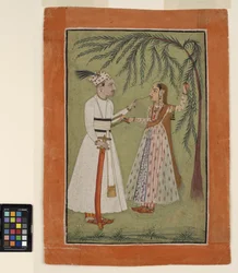 Un gobernante tirando de un mechón de cabello de una dama que se aferra a un árbol, c.1705