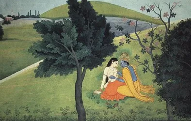 Krishna adornando el pecho de Radha, de la serie «Gita Govinda», atribuido a Kushala o a Gaudhu, Kangra, Himachal Pradesh, hacia 1780