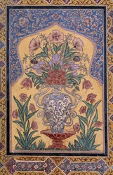 Jarrón con flores, detalle decorativo de la mezquita de Wazir Khan (siglo XVII), Lahore, Punyab, Pakistán