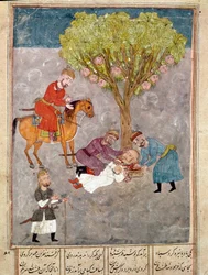 Arte islámico: unos enemigos son decapitados. Miniatura persa de un manuscrito del poema épico «Shahnameh» (Shah Nama, Shahnama) (Libro de los Reyes) de Ferdowsi (Firdawsi, o Ferdawsi, o Firdousi, ca. 940-alrededor de 1020), Biblioteca Nacional, Nápoles