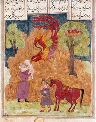 Arte islámico: el fabuloso pájaro Simurgh, parecido al fénix, lleva a Zal, hijo del rey Siyam, abandonado en las montañas porque no es albino. Miniatura persa de un manuscrito del poema épico “Shahnameh” (Shah Nama, Shahnama), Libro de los Reyes